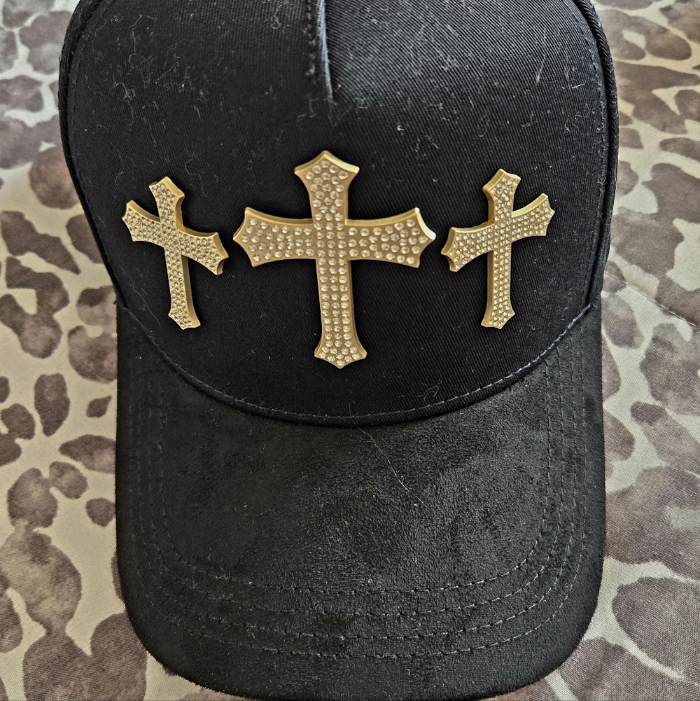Black Baseball Cap with Gold Cross Stud Embellishments